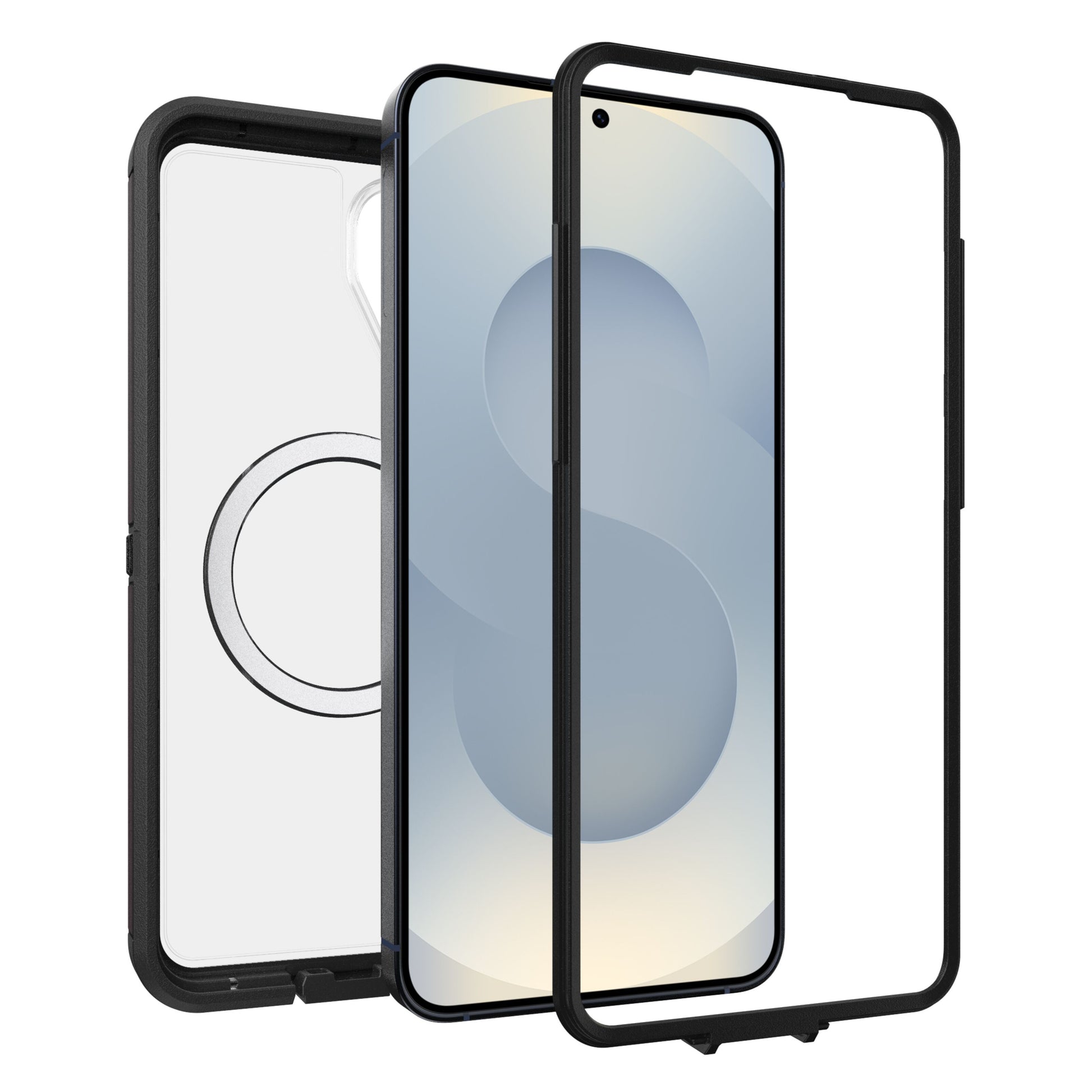 Otterbox Defender Pro XT Clear cover til Galaxy S26+ sort/gennemsigtig, tre dele: frontramme, klar bagside, rundt beskyttelsesdesign.