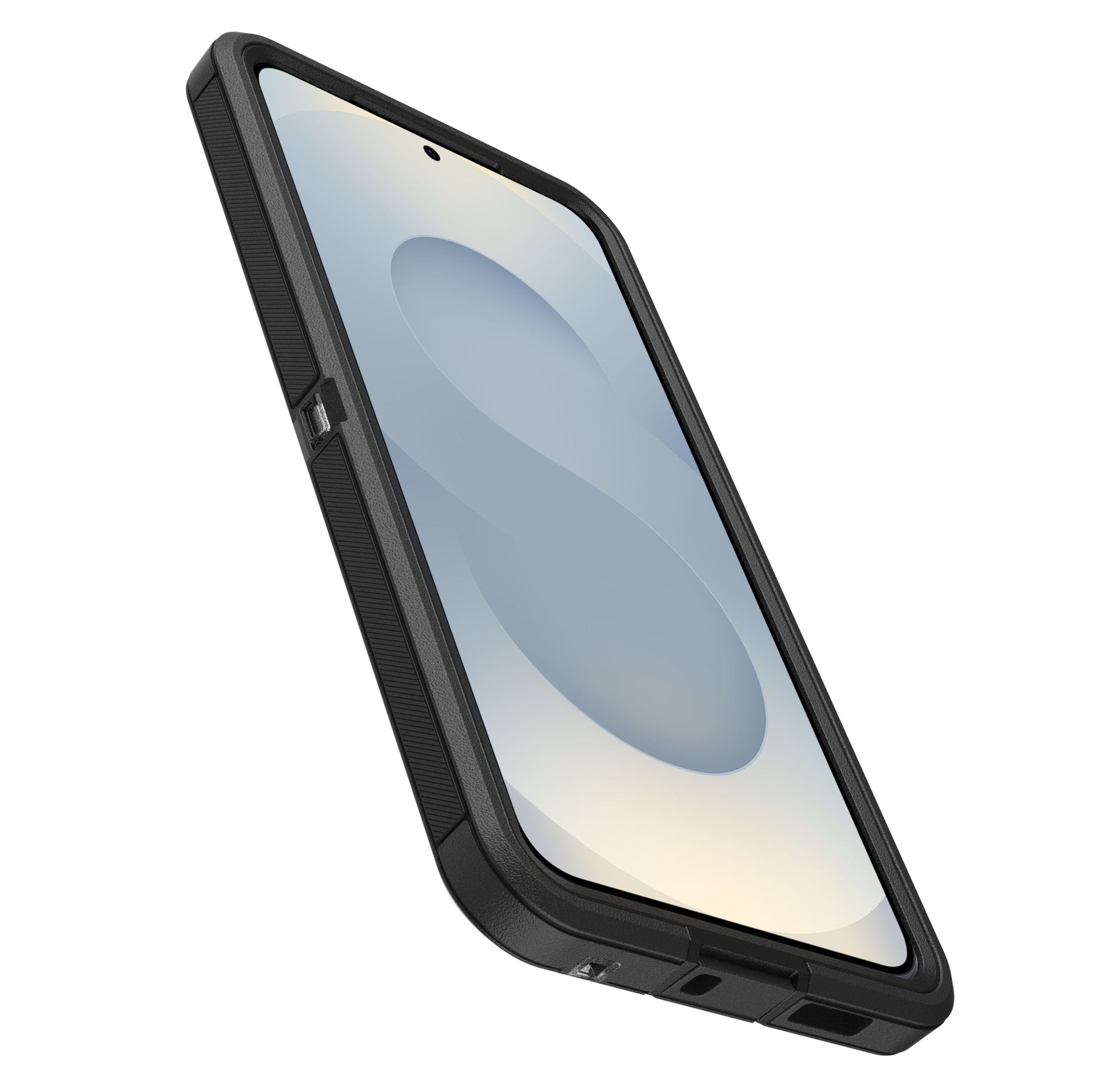 Samsung Galaxy S26+ med Otterbox Defender Pro XT Clear-cover sort/gennemsigtig sæt fra lav vinkel med synlige kanter.