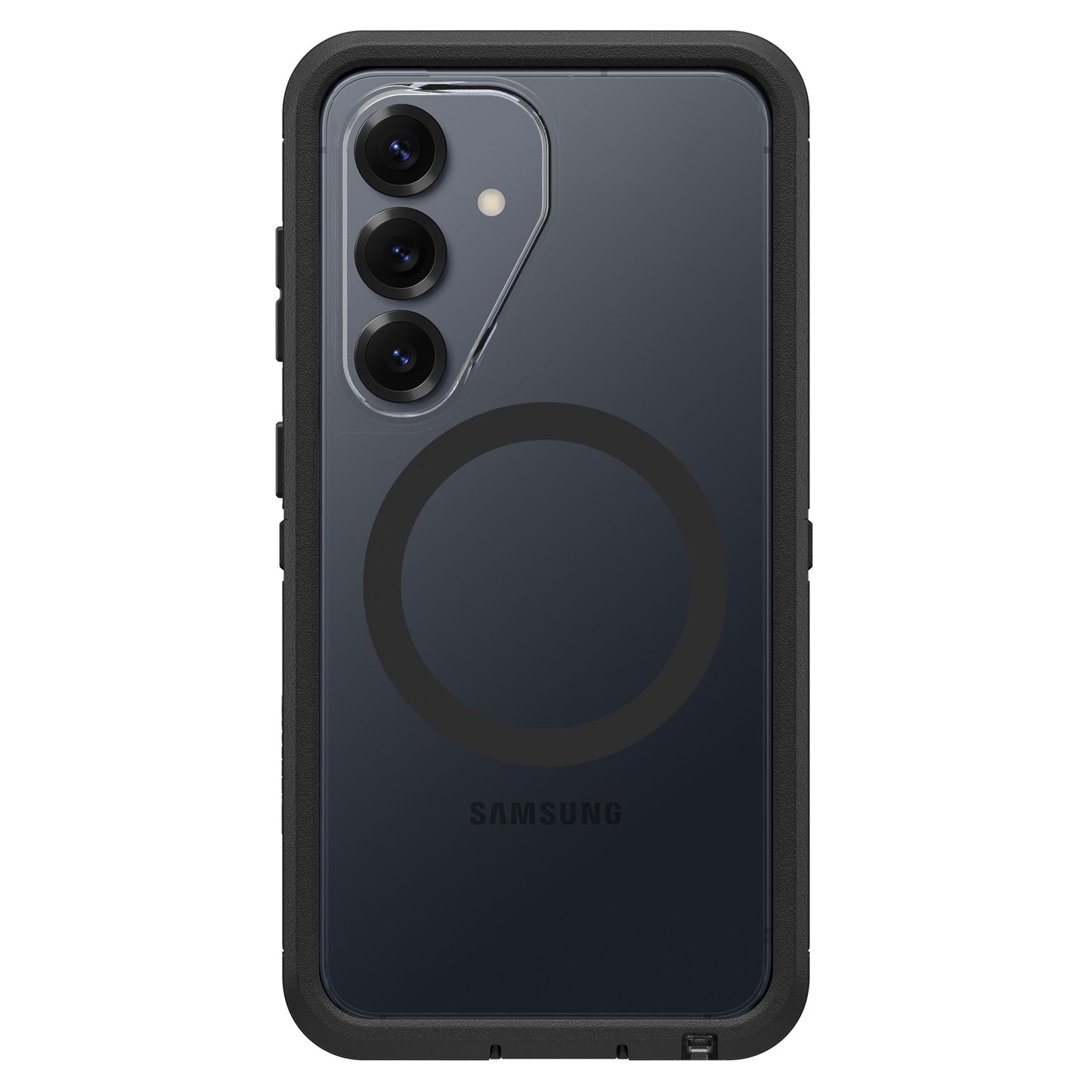 Otterbox Defender Pro XT Clear-cover til Galaxy S26 Dark Side, gennemsigtig, synligt triple kamera og Samsung-logo.