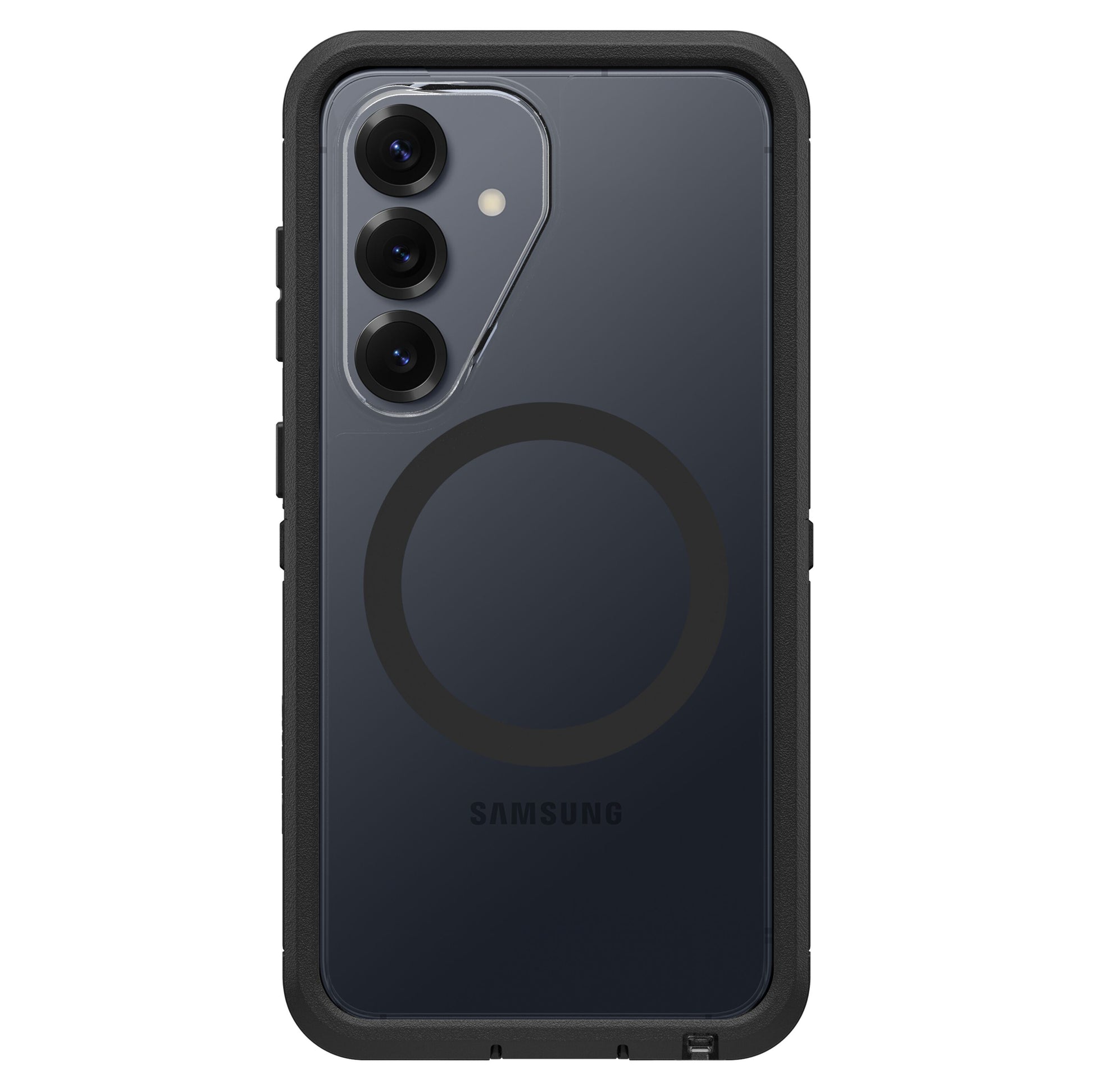 Otterbox Defender Pro XT Clear-cover til Galaxy S26 Dark Side, gennemsigtig, synligt triple kamera og Samsung-logo.
