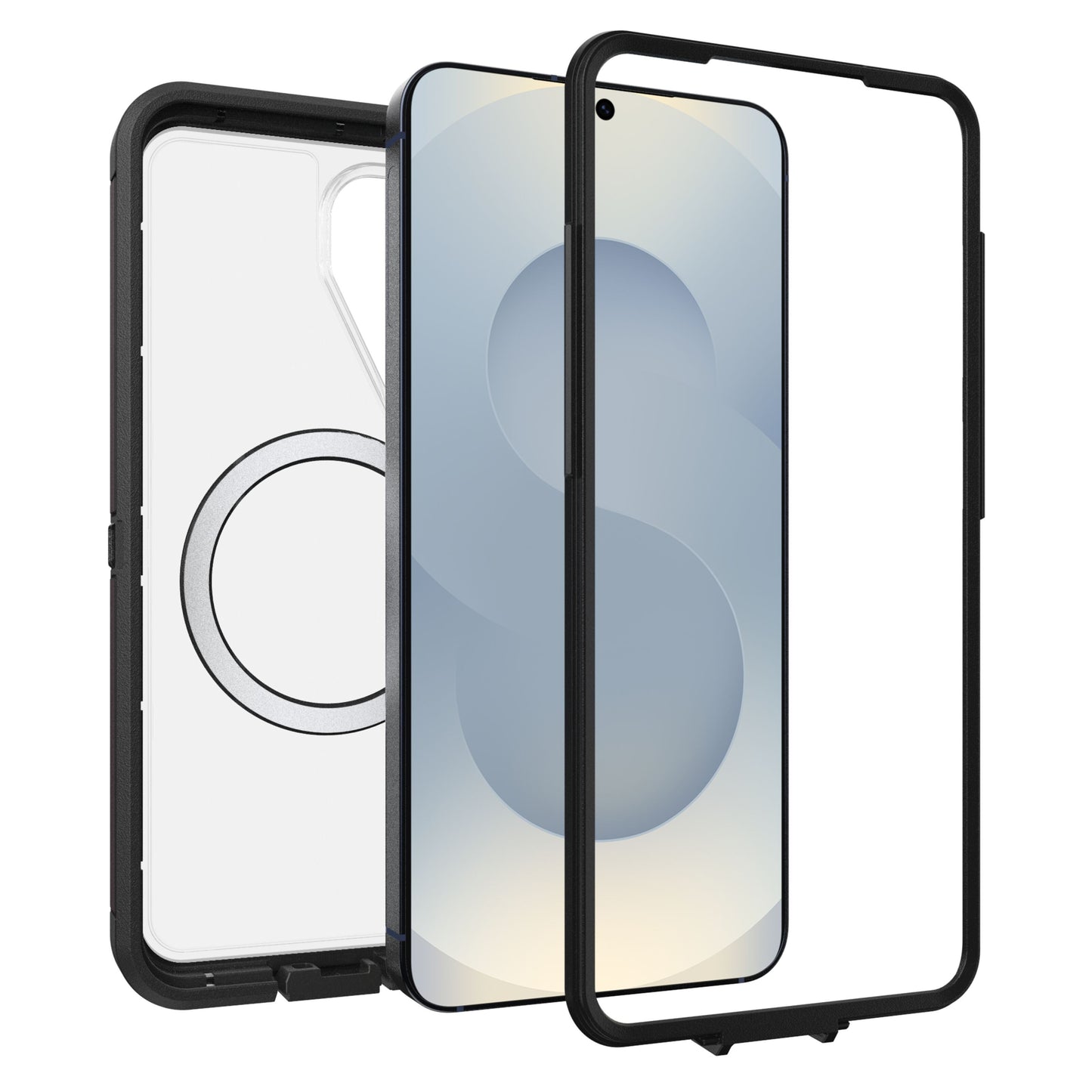 Otterbox Defender Pro XT Clear cover til Galaxy S26 Dark Side, gennemsigtigt cover og aftagelig frontramme på smartphone.