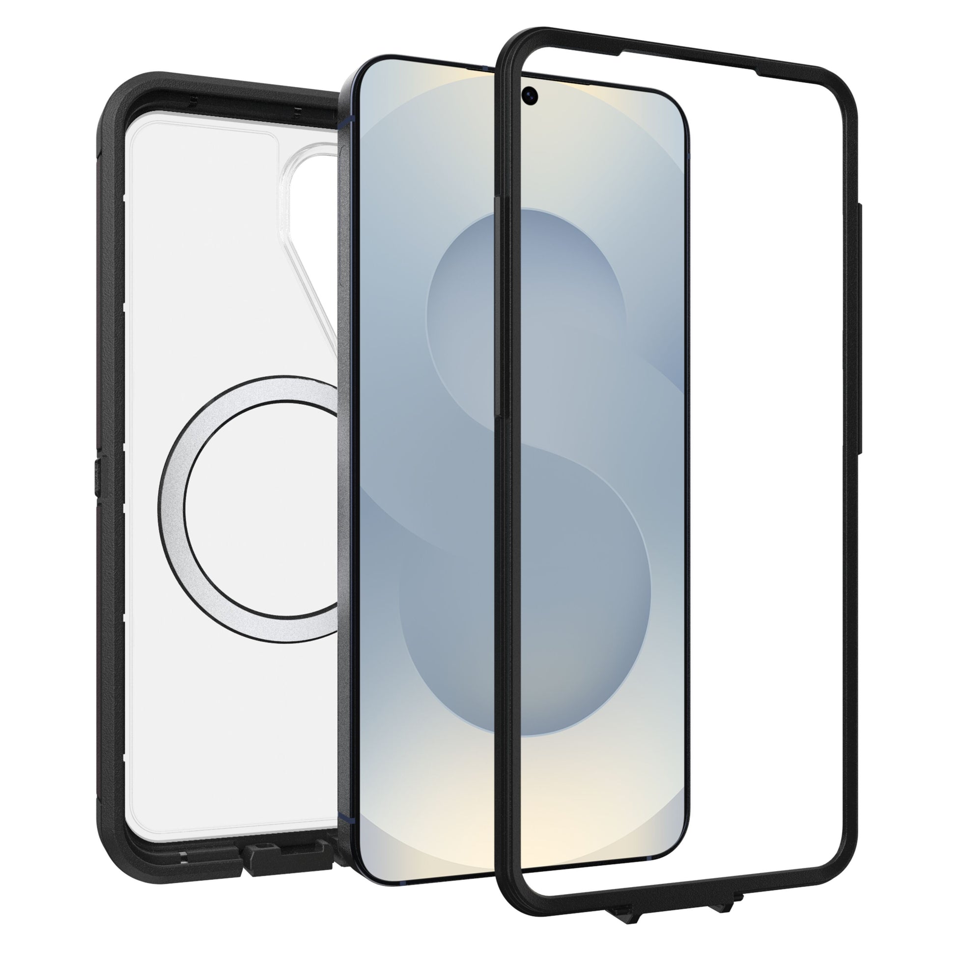 Otterbox Defender Pro XT Clear cover til Galaxy S26 Dark Side, gennemsigtigt cover og aftagelig frontramme på smartphone.