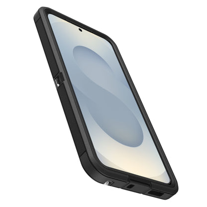 Galaxy S26 mørk Otterbox Defender Pro XT Clear-cover, set nedefra med frontskærm, abstrakt baggrund, centreret kamera.