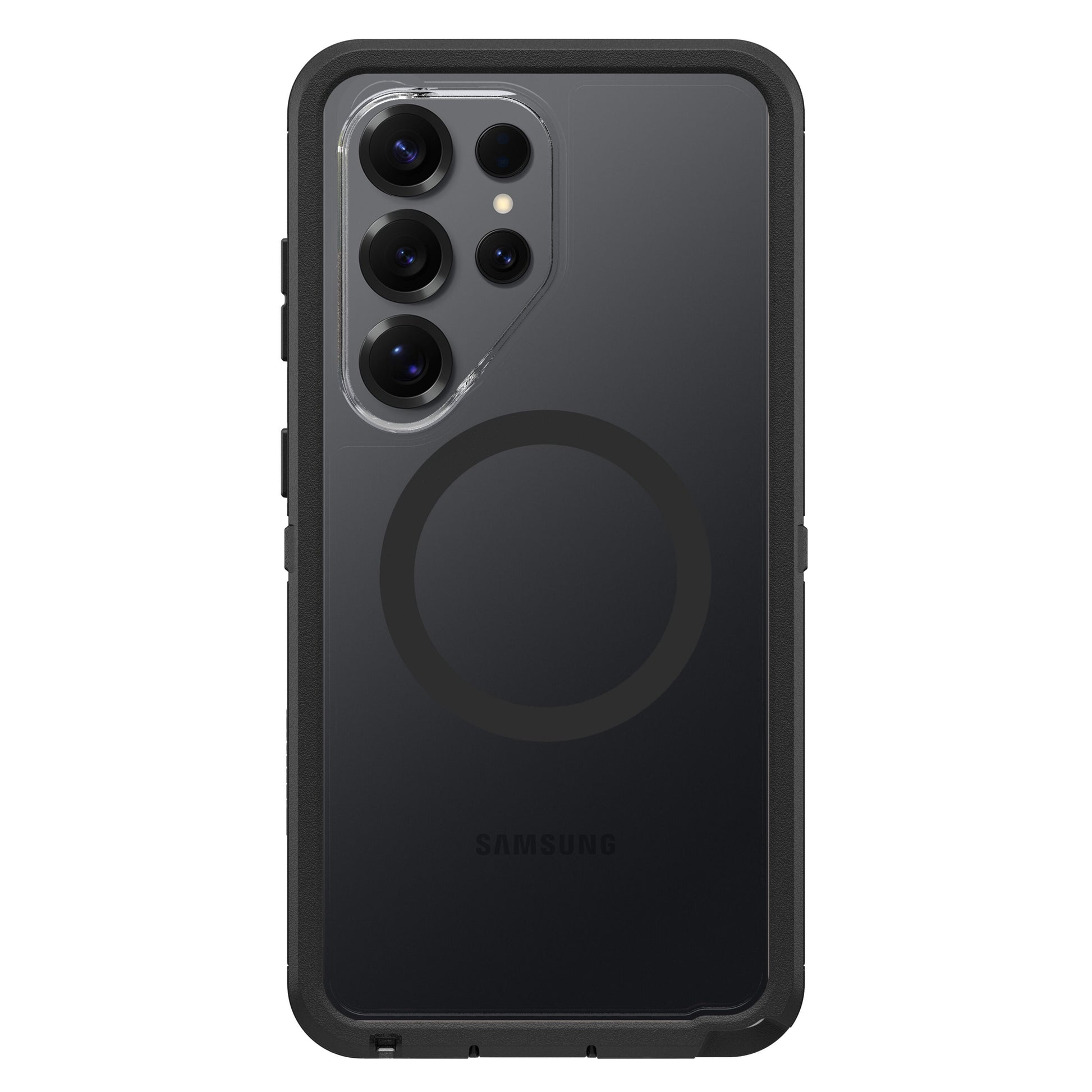 Otterbox Defender Pro XT Clear-cover Galaxy S26 Ultra Dark Side, gennemsigtig bagside, MagSafe-ring, plads til 4 kameraer og blitz.