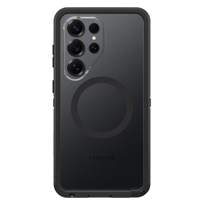 Otterbox Defender Pro XT Clear-cover Galaxy S26 Ultra Dark Side, gennemsigtig bagside, MagSafe-ring, plads til 4 kameraer og blitz.