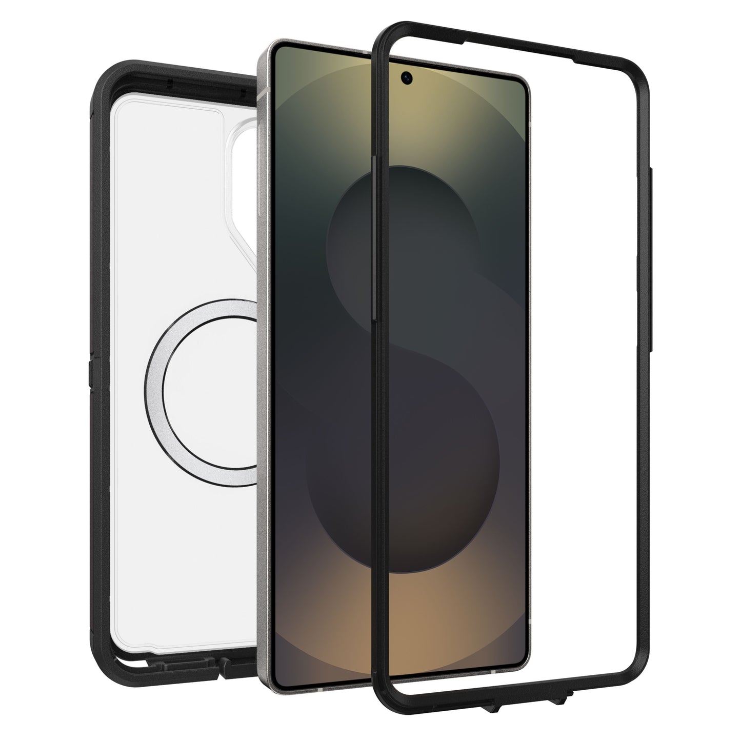 Defender Pro XT Clear-cover til Galaxy S26 Ultra Dark Side vises mellem to coverdele, viser telefonens design og faldbeskyttelse.
