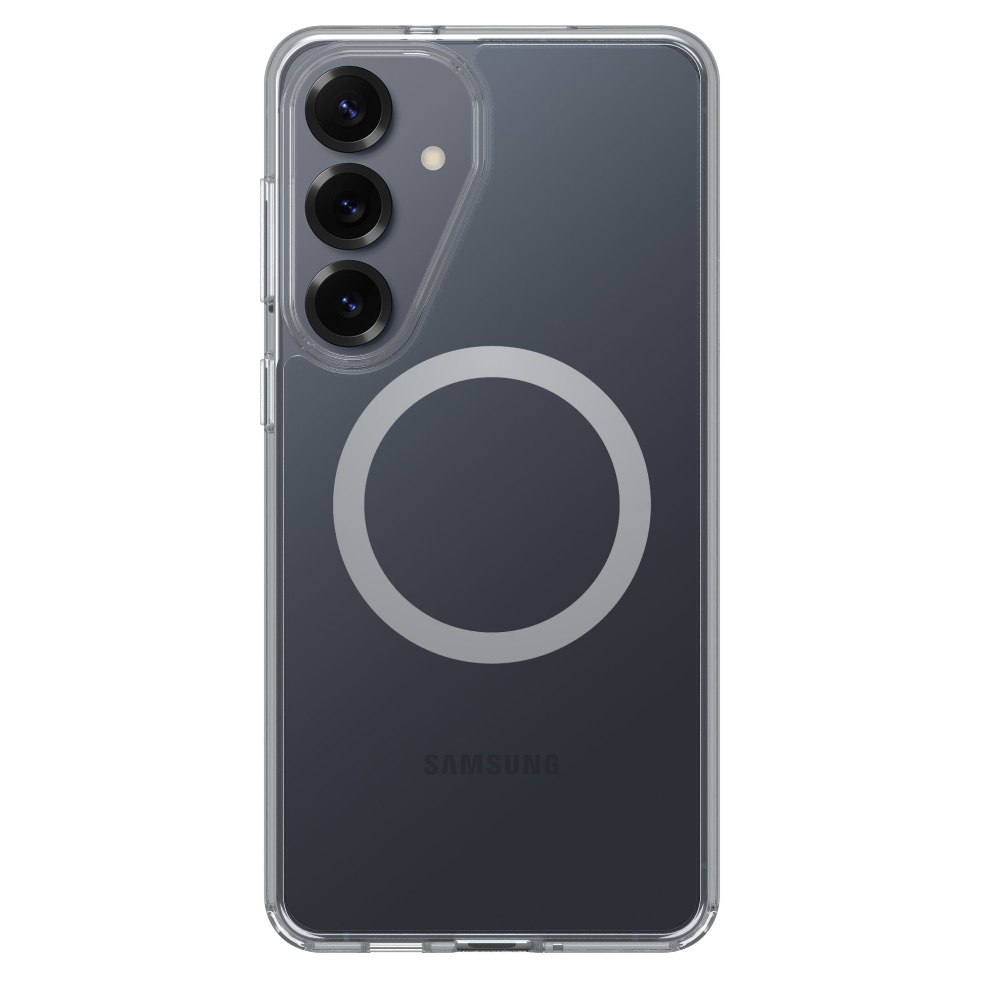 Samsung Galaxy S26+ med gennemsigtigt Symmetry Clear Magnetskal, hvid cirkel på bagside og tre bagkameraer øverst til venstre.
