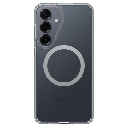 Samsung Galaxy S26+ med gennemsigtigt Symmetry Clear Magnetskal, hvid cirkel på bagside og tre bagkameraer øverst til venstre.