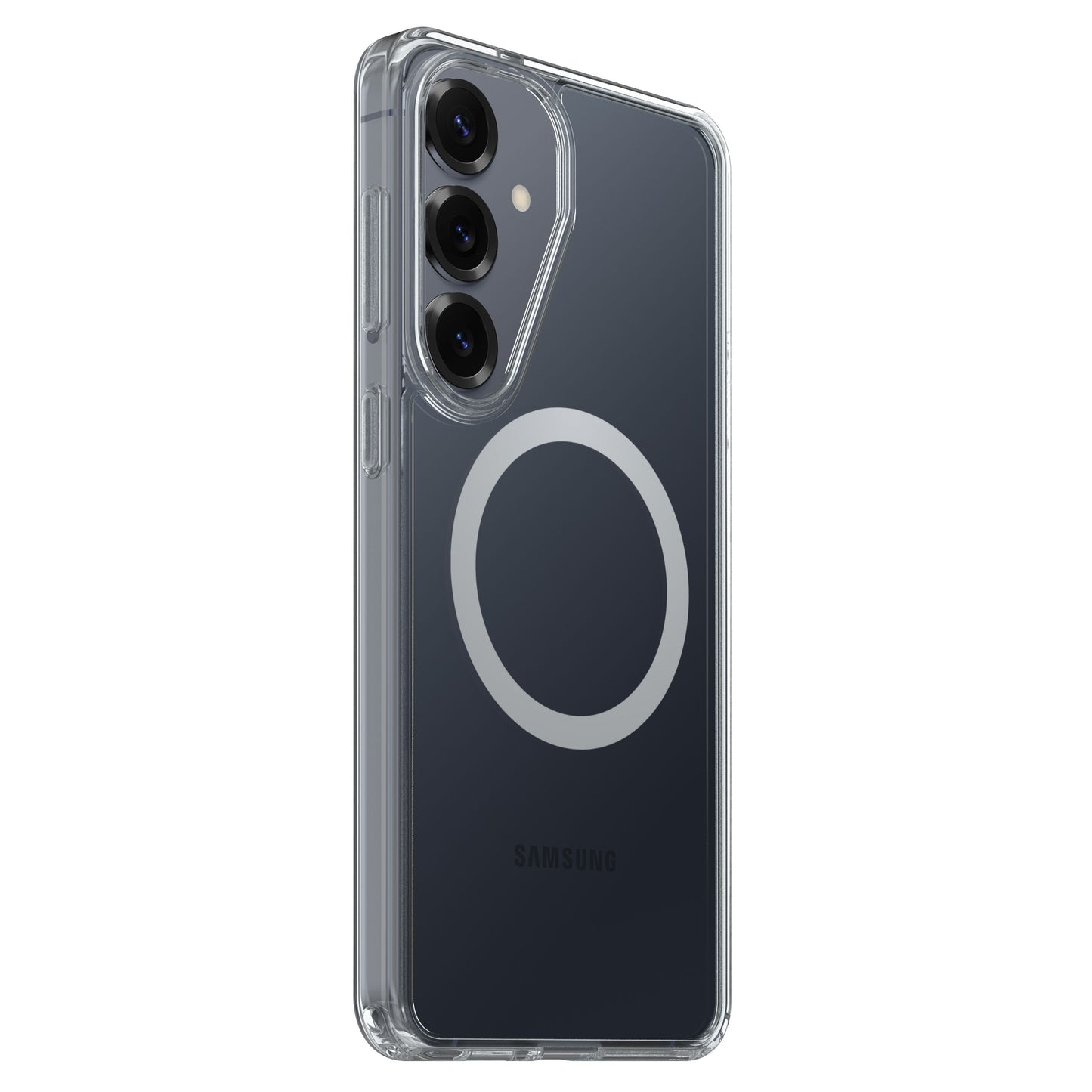 Otterbox Symmetry Clear Magnetskal til Galaxy S26+ transparent med cirkulær magnetholder og synlig triple kameraopsætning.