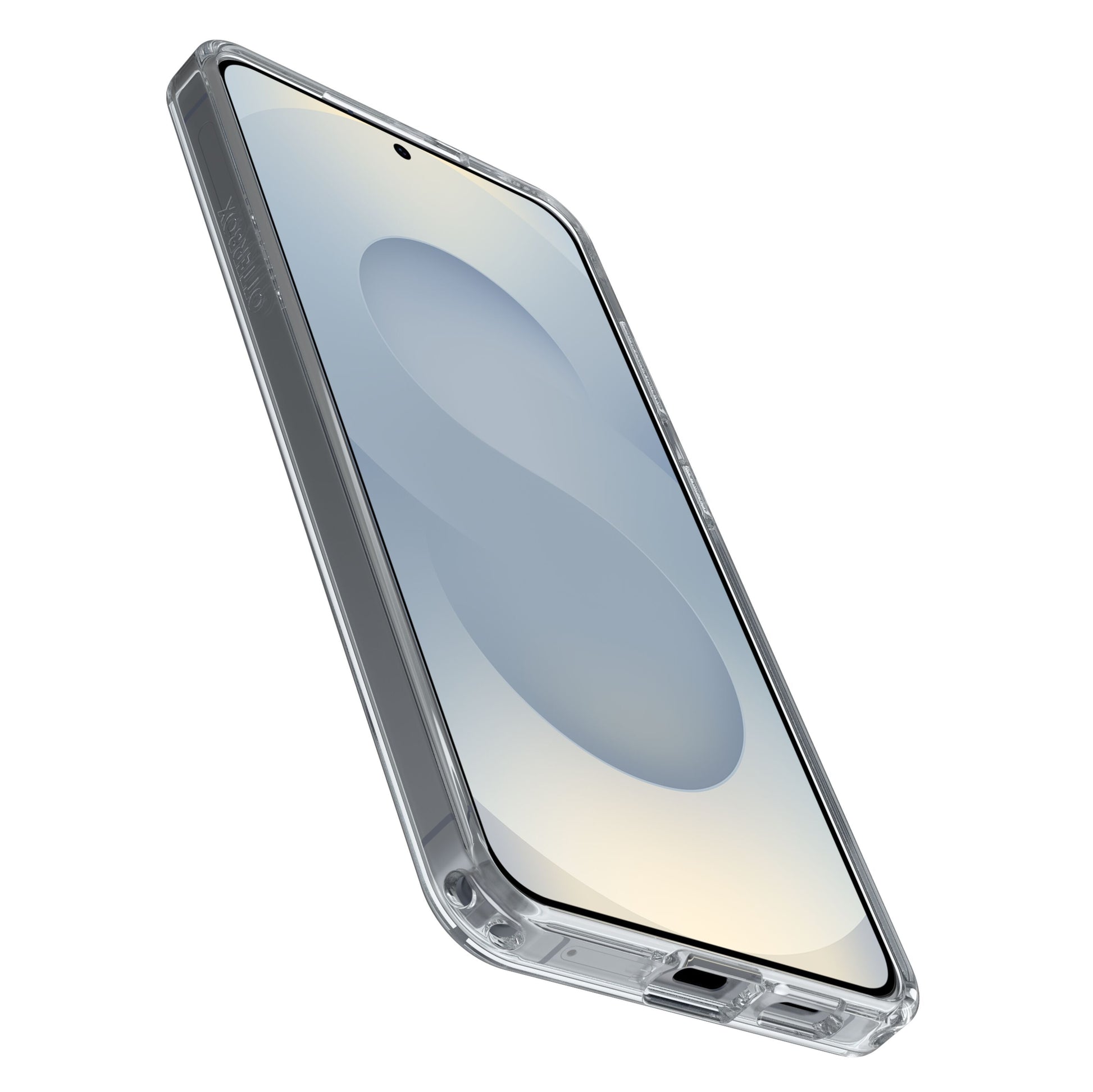 Samsung Galaxy S26+ med gennemsigtig Otterbox Symmetry Clear Magnetskal, skærm med lyseblåt og beige abstrakt design.