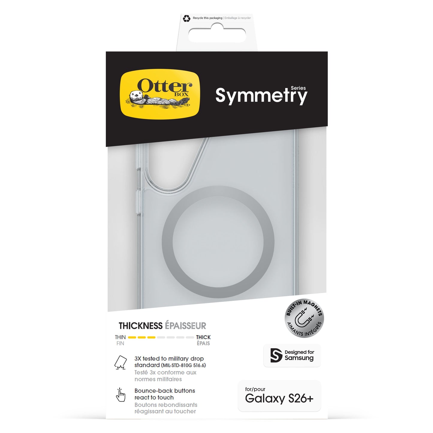 Otterbox Symmetry Clear Magnetskal til Galaxy S26+ transparent med synlig MagSafe-ring i midten.