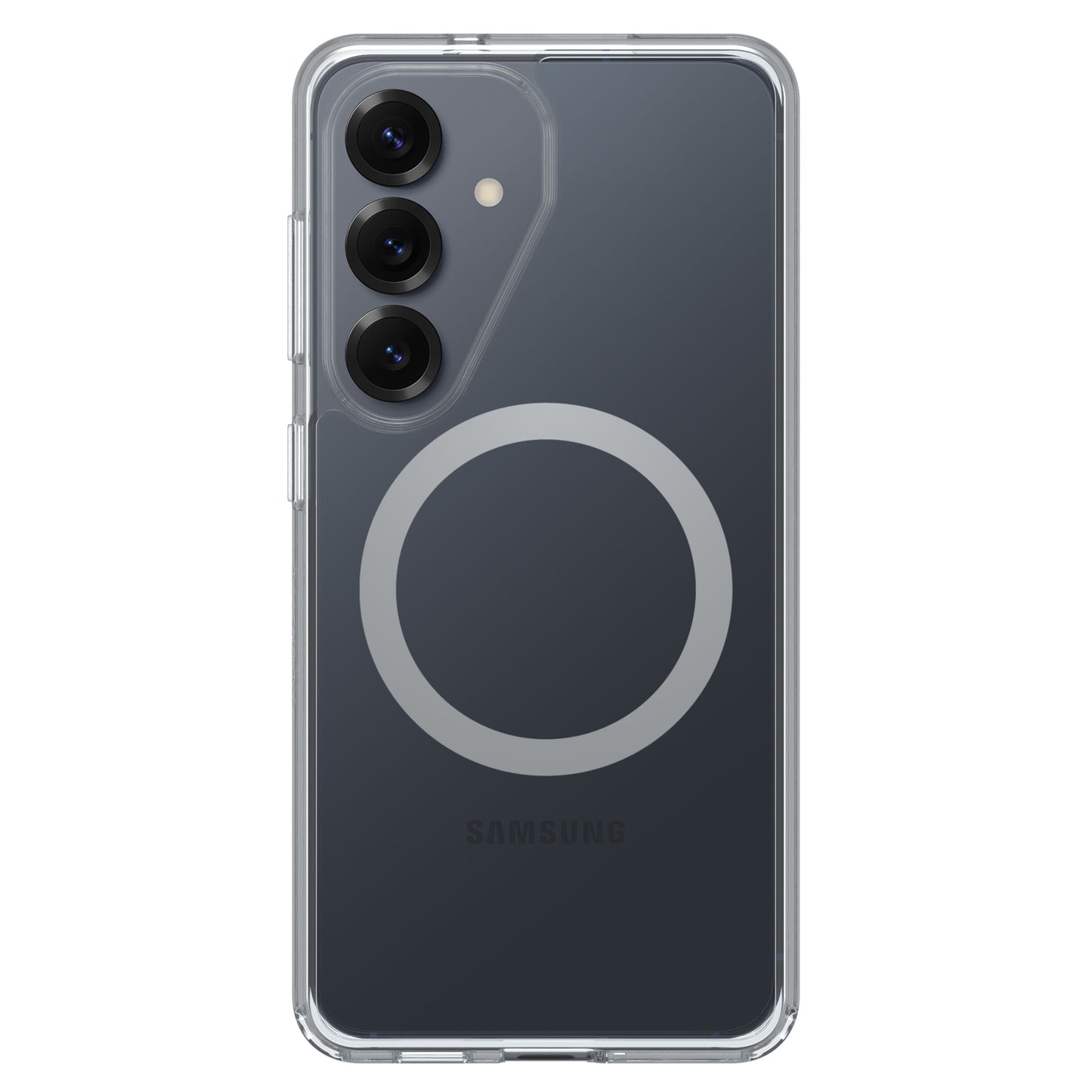 Symmetry Series Clear cover til Galaxy S26 med stor lysegrå magnetring og plads til tre kameralinser i øverste venstre hjørne.