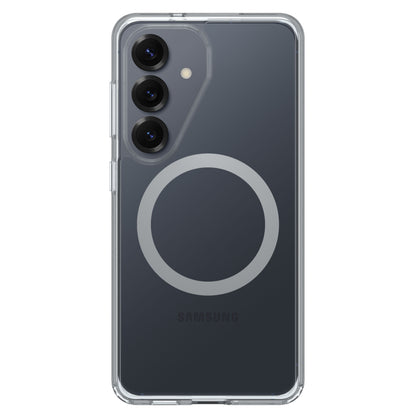 Symmetry Series Clear cover til Galaxy S26 med stor lysegrå magnetring og plads til tre kameralinser i øverste venstre hjørne.