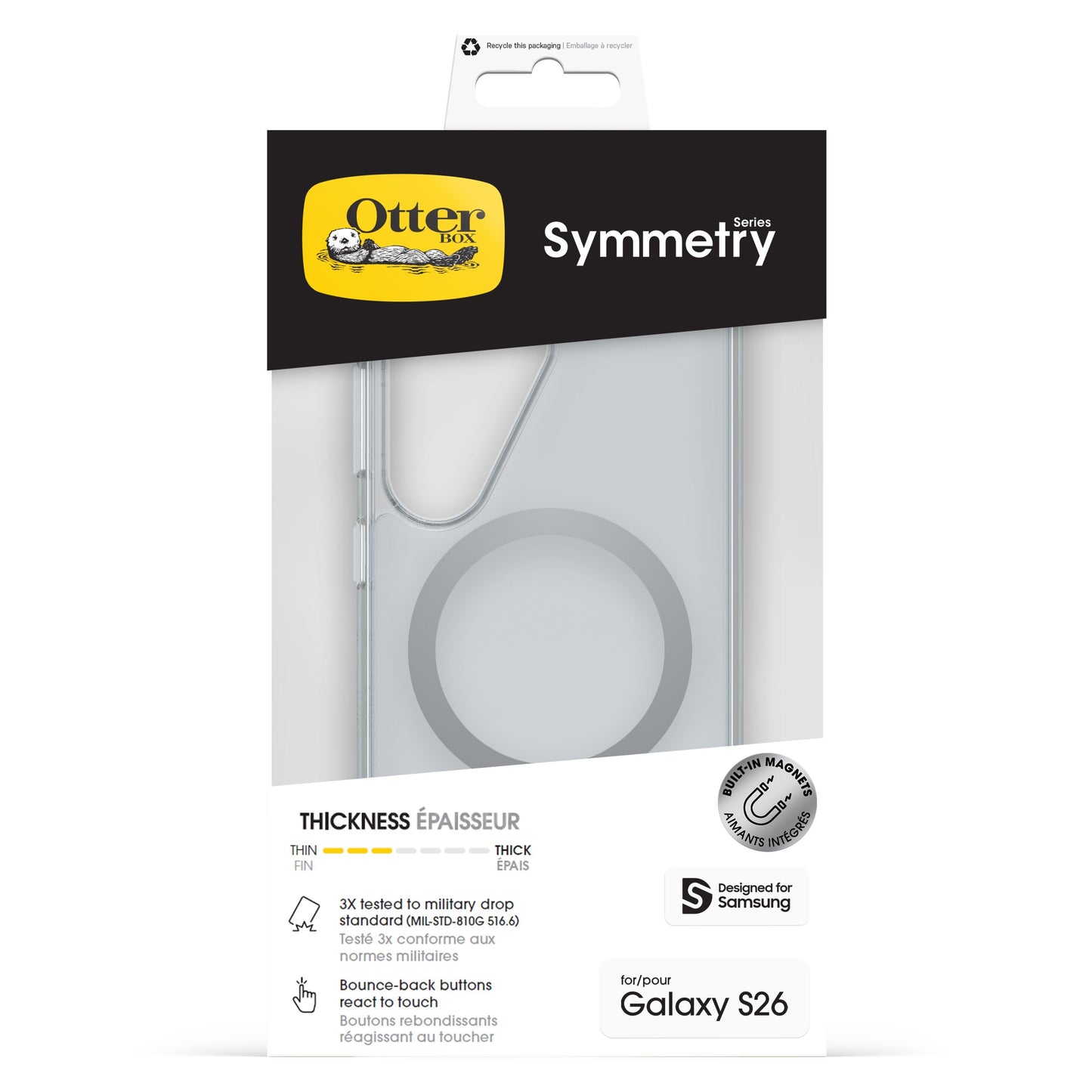 Otterbox Symmetry Series Clear cover med magneter til Galaxy S26, militær drop-beskyttelse, trådløs opladning.