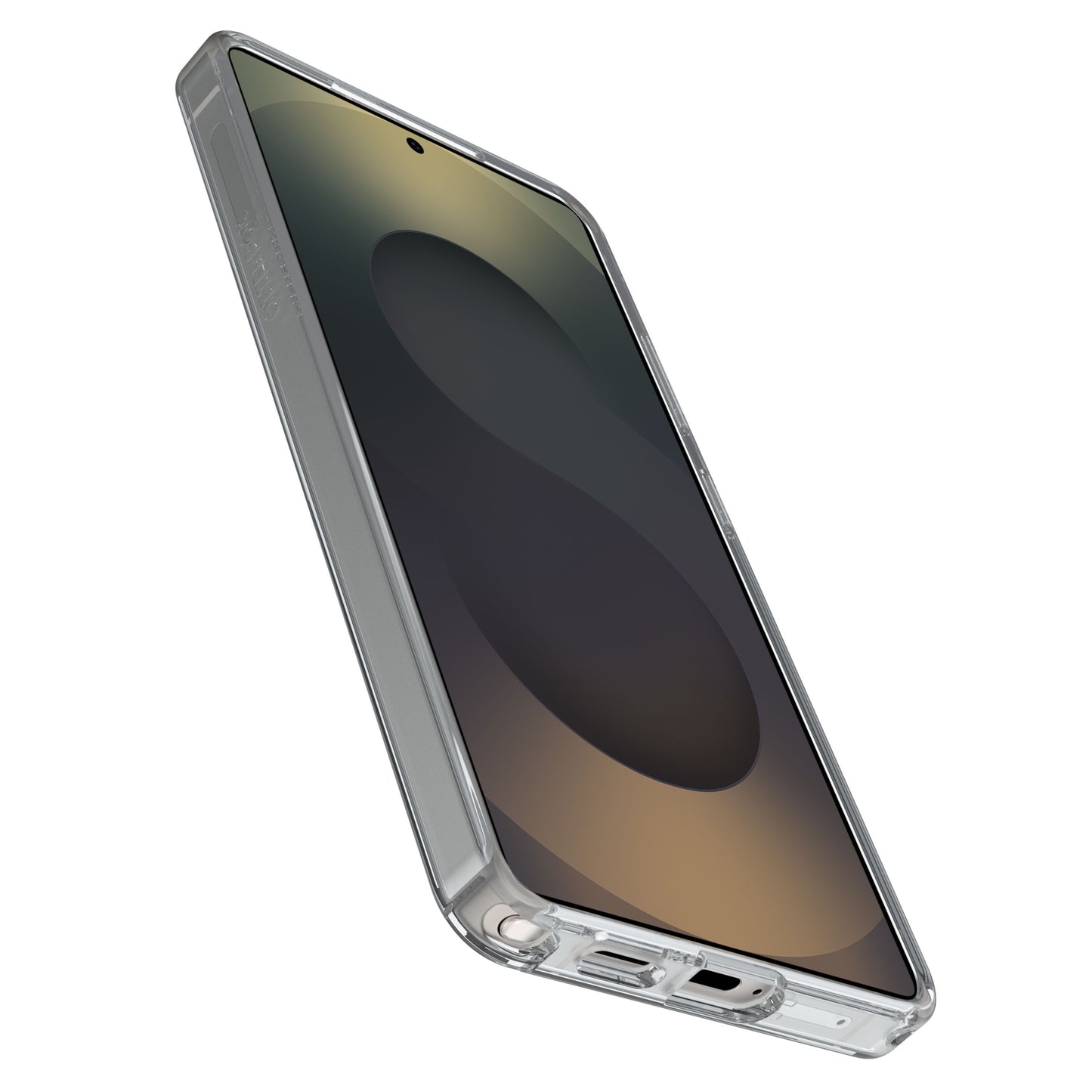 Otterbox Symmetry Clear Magnets-cover til Galaxy S26 Ultra transparent med sølvdetaljer og mørkt abstrakt tapet.