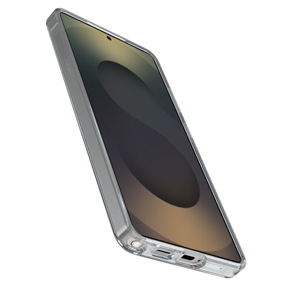 Otterbox Symmetry Clear Magnets-cover til Galaxy S26 Ultra transparent med sølvdetaljer og mørkt abstrakt tapet.