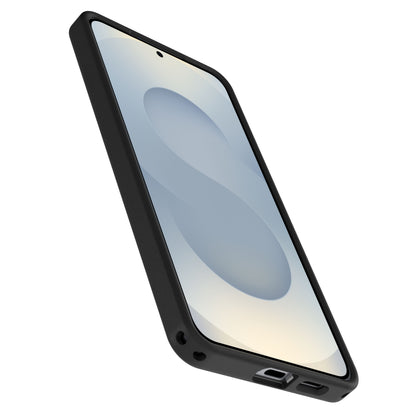 Samsung Galaxy S26+ med Otterbox Symmetry Clear Magnetskal Sort, skråt vist med skærm og blå-beige mønster samt opladerport.