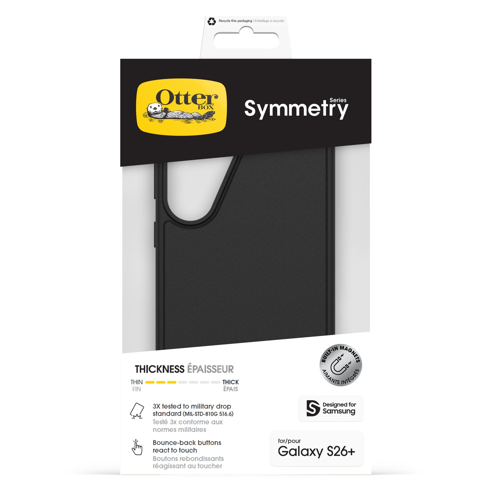 Otterbox Symmetry Clear Magnetskal til Galaxy S26+ sort med magnetisk beskyttelse og gennemsigtigt design.
