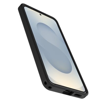 Otterbox Symmetry Magnets-cover til Galaxy S26 sort, lav vinkel, synlig skærm, adgang til opladningsport og højtalere.