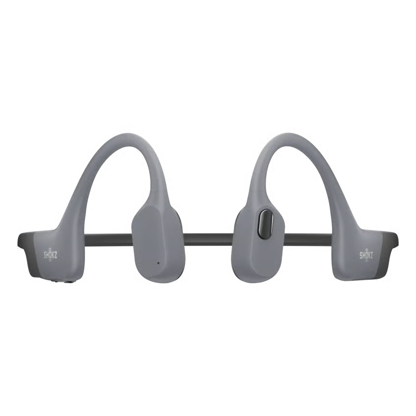 SHOKZ OpenSwim Pro trådløse hovedtelefoner i grå til svømning med hovedbøjle bagpå, set bagfra.