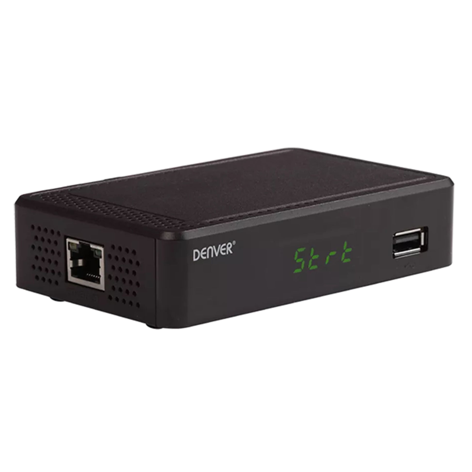 Denver DTB-148 digital TV-modtager sort, HDTV-understøttelse, Ethernet og USB porte, display med teksten "Strt" foran.