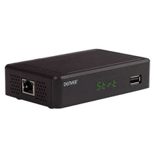 Denver DTB-148 digital TV-modtager sort, HDTV-understøttelse, Ethernet og USB porte, display med teksten "Strt" foran.