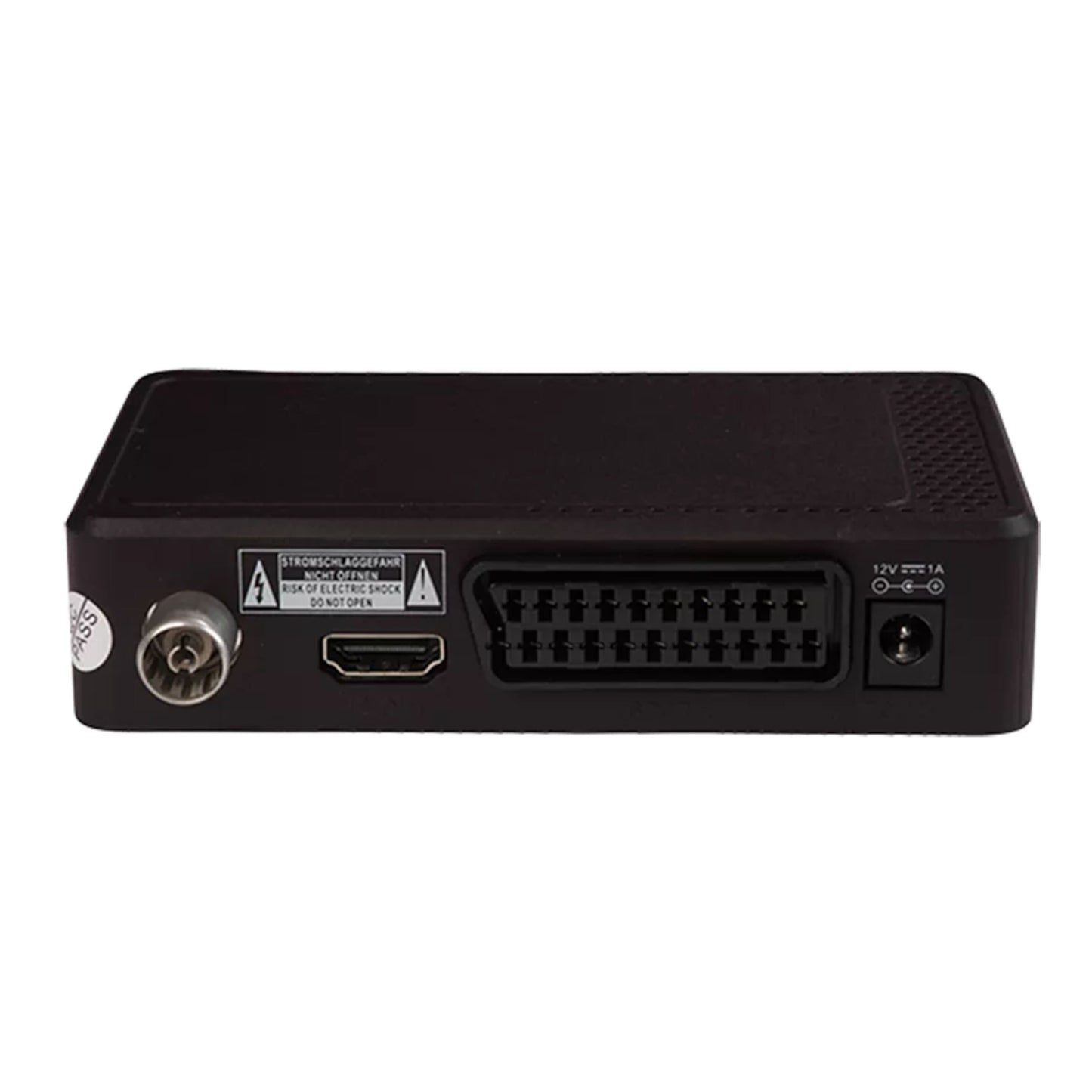 Denver DTB-148 digital TV-modtager sort, ventilerede paneler, DVB-T2, HDMI, SCART, coaxial indgang, 12V strøm bagpå.