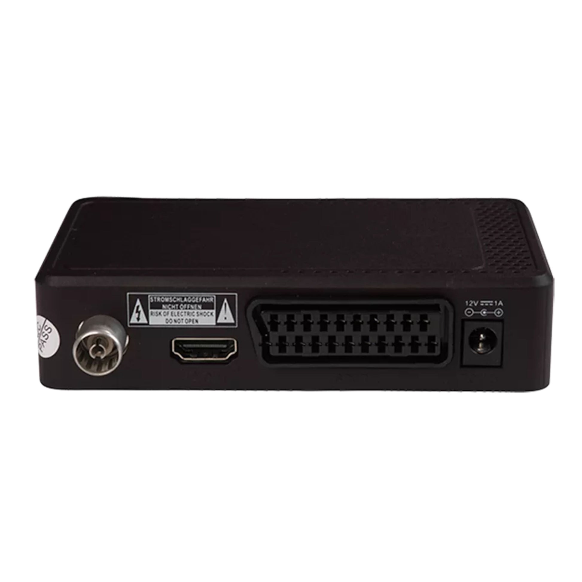 Denver DTB-148 digital TV-modtager sort, ventilerede paneler, DVB-T2, HDMI, SCART, coaxial indgang, 12V strøm bagpå.