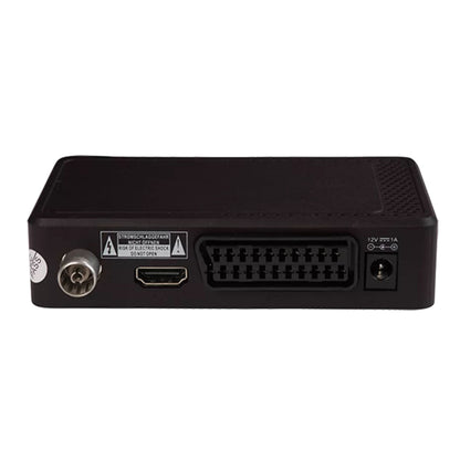 Denver DTB-148 digital TV-modtager sort, ventilerede paneler, DVB-T2, HDMI, SCART, coaxial indgang, 12V strøm bagpå.