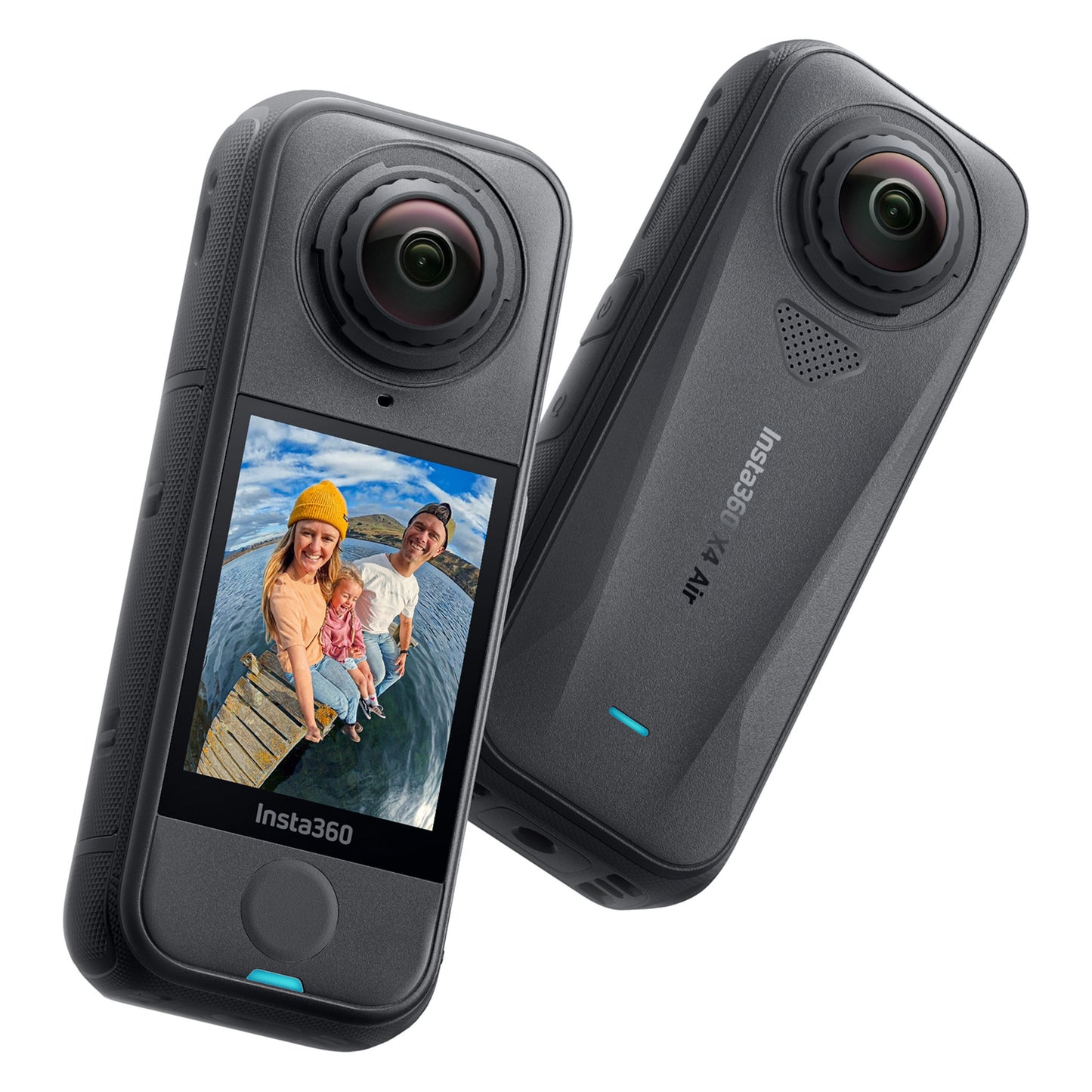 Insta360 X4 Air 8K 360-kamera startpakke, sortering, FlowState-stabilisering, dobbelte vidvinkellinser, selfie på skærm.