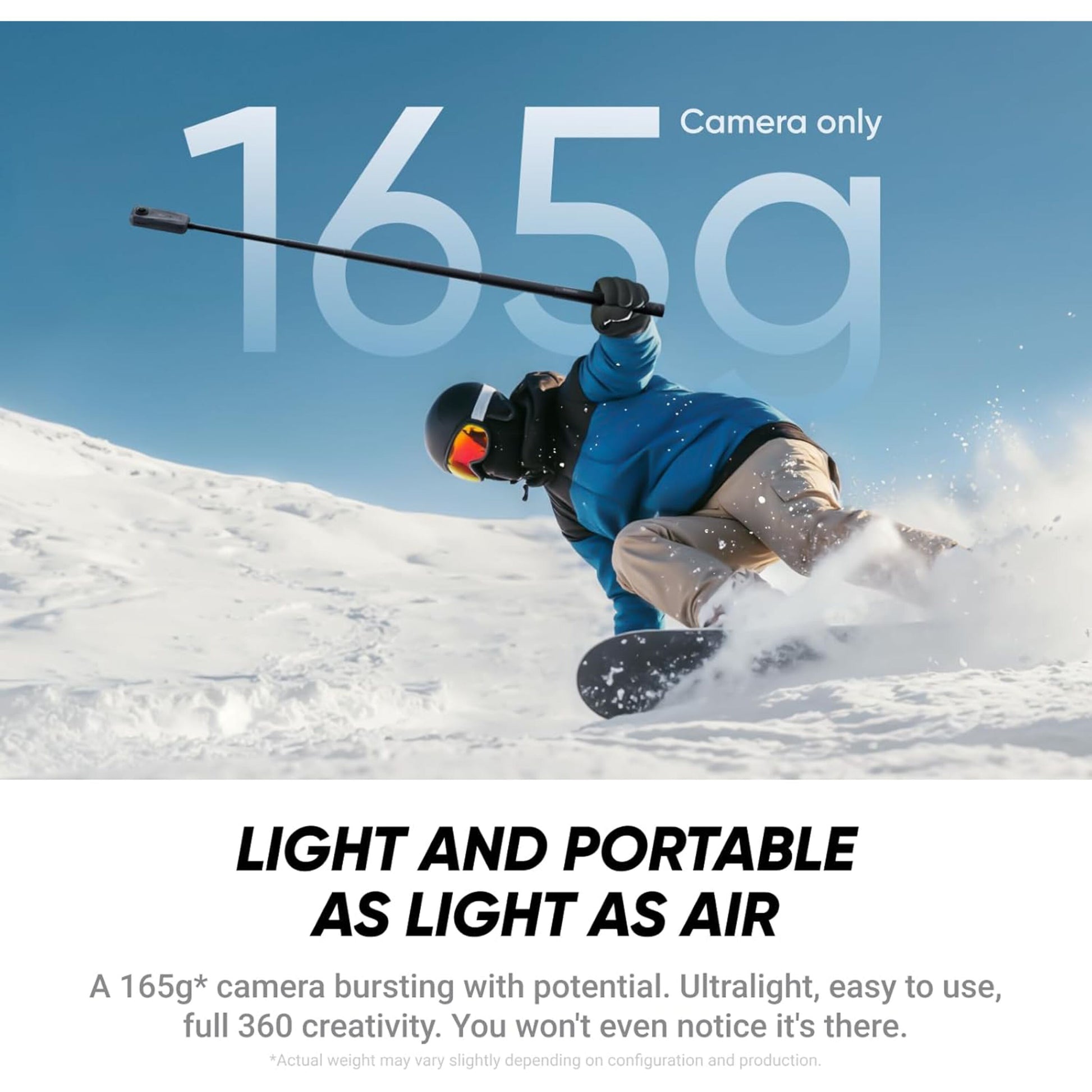 Insta360 X4 Air 8K 360-kamera Startpakke på selfie-stang, tekst: Kamera kun 165g, blå skitøj, sort hjelm.