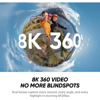 Insta360 X4 Air 8K 360-kamera Startpakke, tekst: 8K 360° og 8K 360 VIDEO NO MORE BLINDSPOTS, tiny planet effekt.