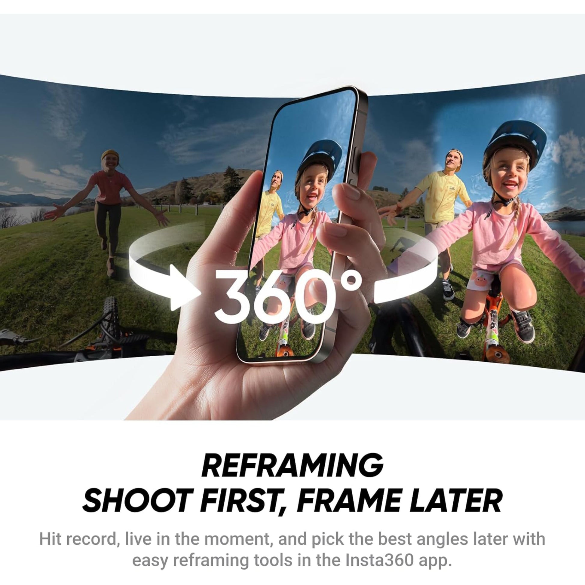 Insta360 X4 Air 8K 360-kamera Startpakke med FlowState-stabilisering vises på smartphone i brugssituation.
