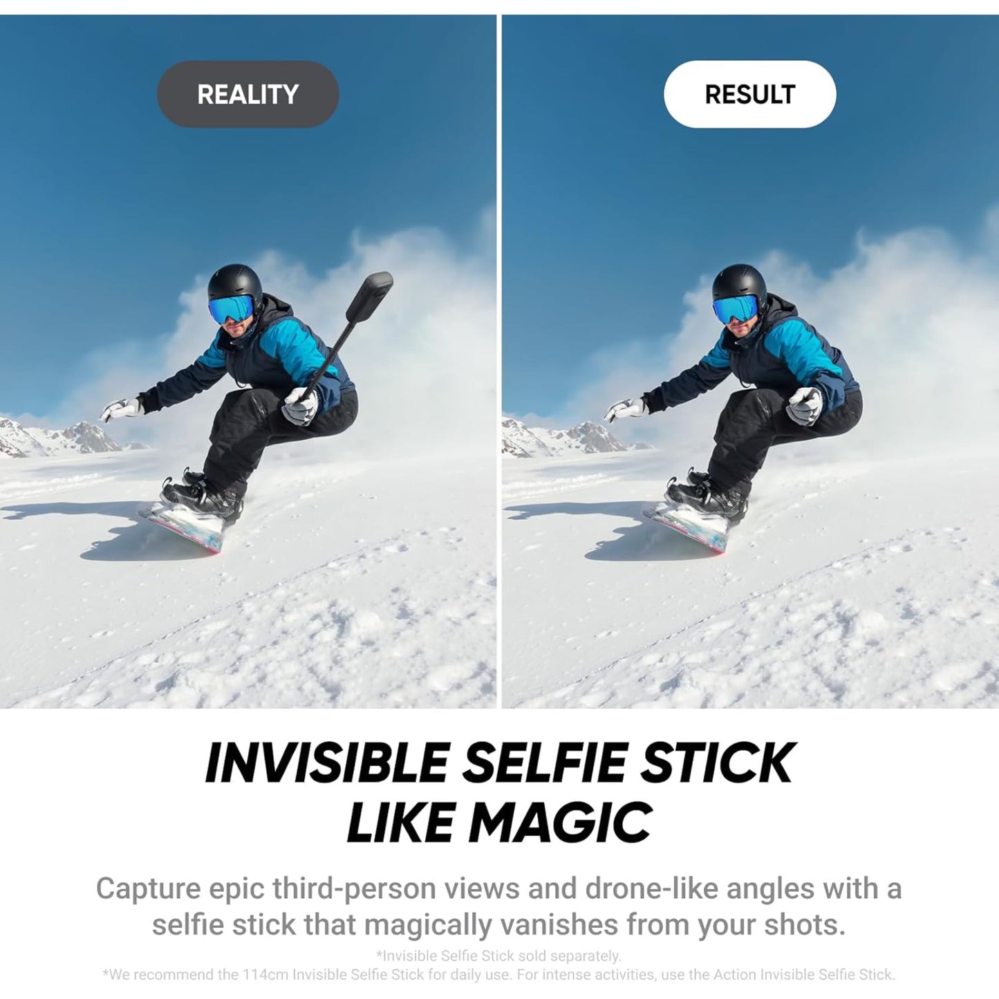 Insta360 X4 Air 8K 360-kamera Startpakke snowboarder, selfie-stang usynlig, FlowState-stabilisering, tekst: Usynlig selfie-stang.