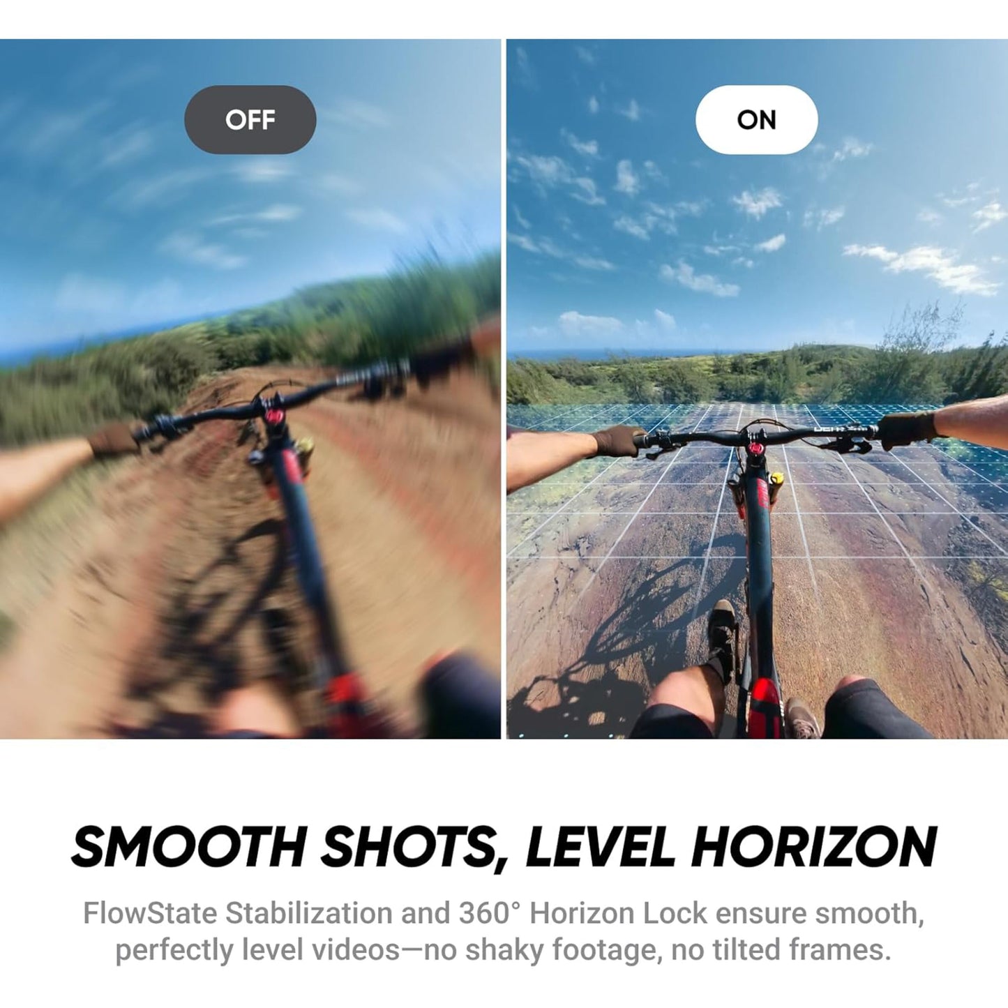 Sammenligning af cykeloptagelser med og uden FlowState-stabilisering på Insta360 X4 Air 8K 360-kamera Startpakke.