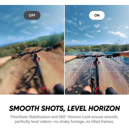Sammenligning af cykeloptagelser med og uden FlowState-stabilisering på Insta360 X4 Air 8K 360-kamera Startpakke.