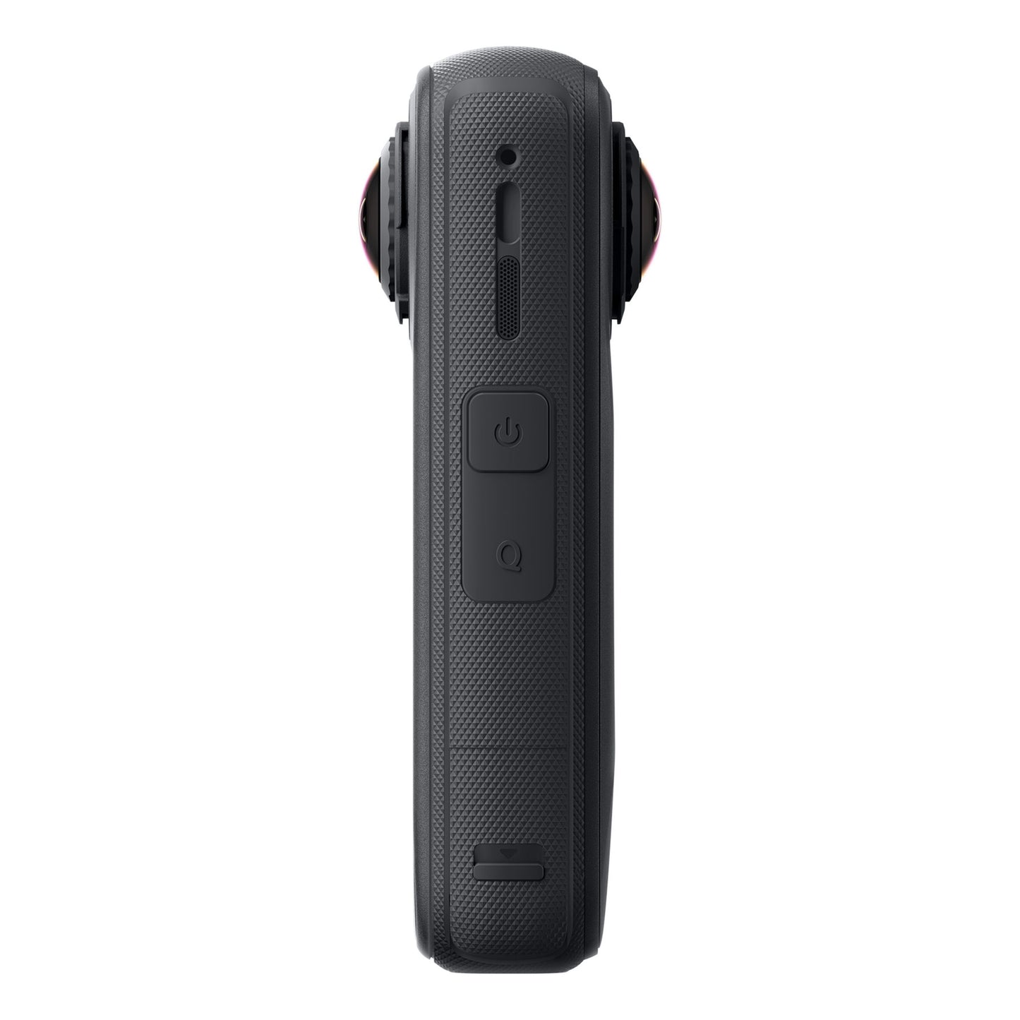 Insta360 X4 Air 8K 360-kamera startpakke, side, tekstureret greb, FlowState-stabilisering, dobbelte linser, tre knapper.