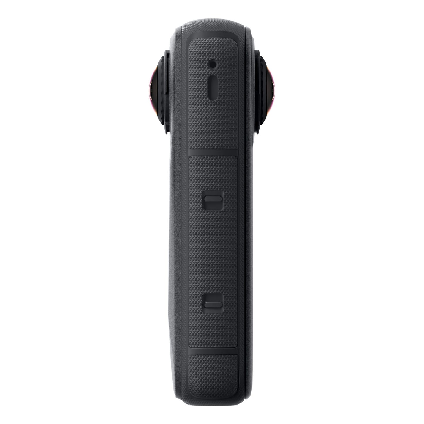 Insta360 X4 Air 8K 360-kamera Startpakke, side, tekstureret greb, to rektangulære knapper, to runde linser.