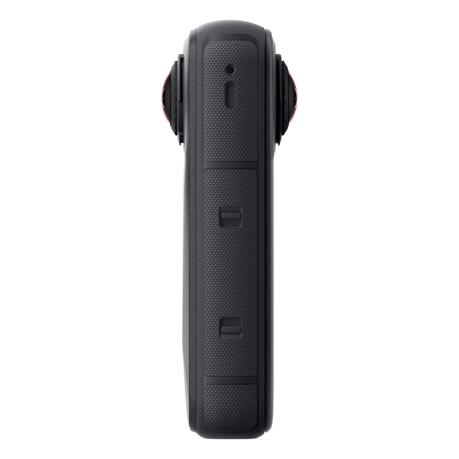 Insta360 X4 Air 8K 360-kamera Startpakke, side, tekstureret greb, to rektangulære knapper, to runde linser.