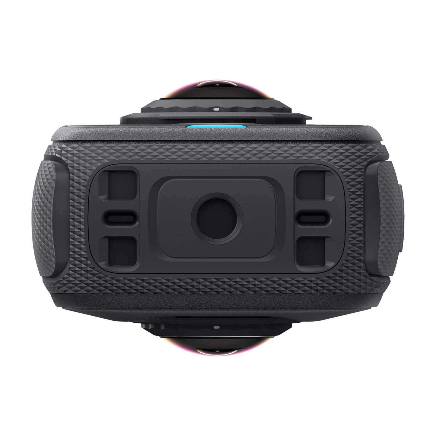 Insta360 X4 Air 8K 360-kamera startpakke, tekstureret greb, cirkulær linsebump, blå indikator, FlowState stabilisering.
