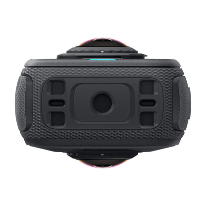 Insta360 X4 Air 8K 360-kamera startpakke, tekstureret greb, cirkulær linsebump, blå indikator, FlowState stabilisering.