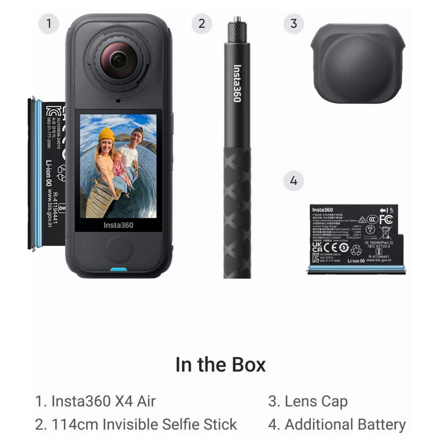 Insta360 X4 Air 8K 360-kamera startpakke med kamera, tændt skærm, selfie-stang, linsebeskyttere og ekstra batteri.