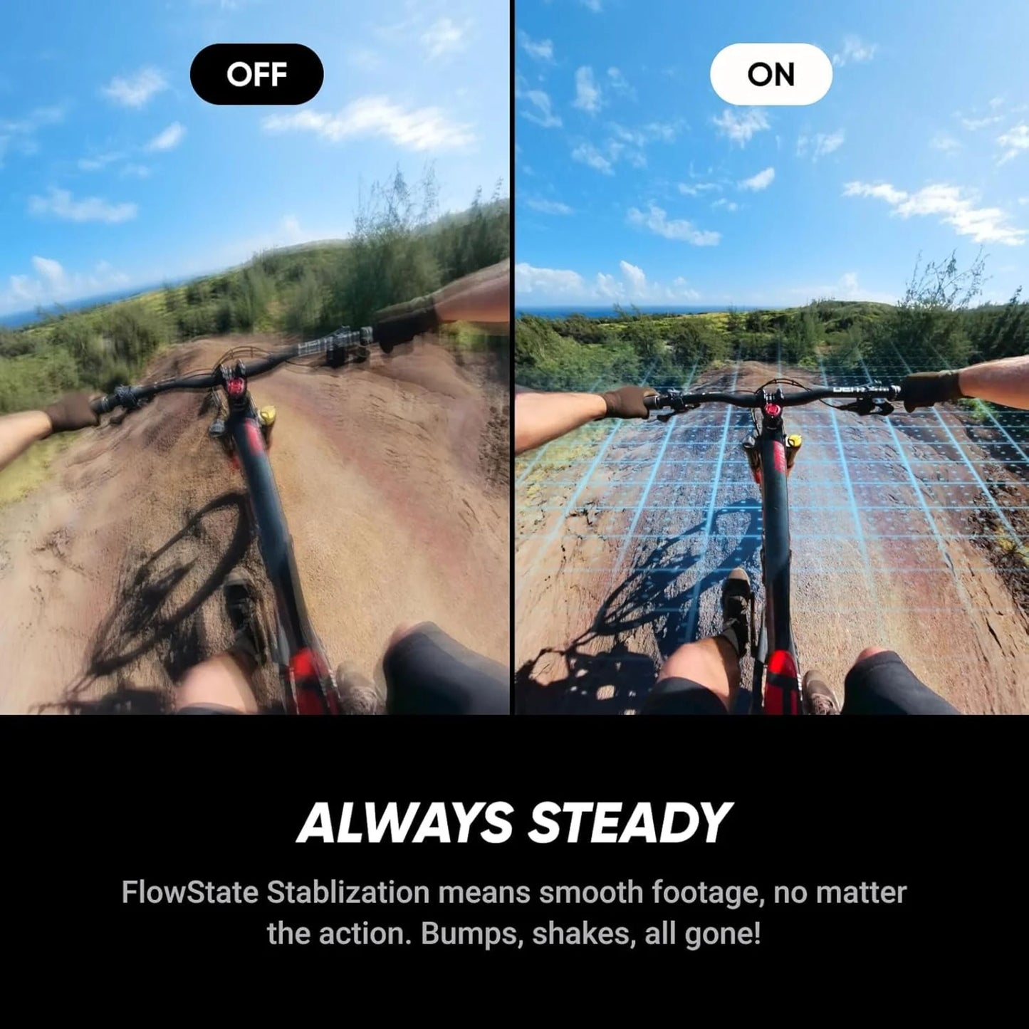 Insta360 X5 Essentials-pakke FlowState-stabilisering 8K 360° video splitvisning sløret vs skarpt "ALWAYS STEADY.