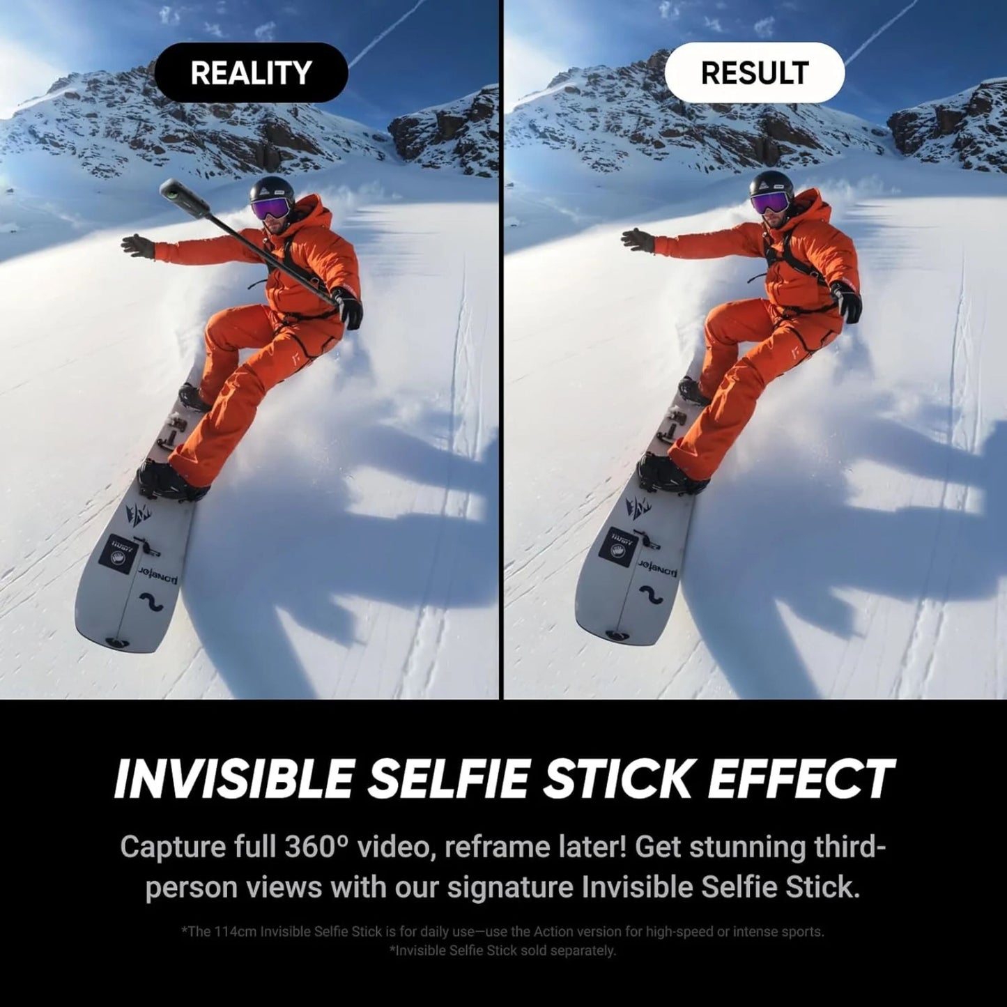 Insta360 X5 Essentials-pakke demonstrerer usynlig selfie stick-effekt, FlowState 360°-video, snowboarder i orange.