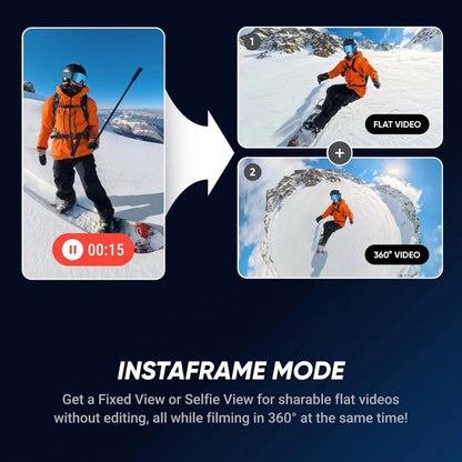 Insta360 X5 Essentials-pakke actionkamera 360°-video, Instaframe Mode viser over tre videoframes, FlowState-stabilisering.