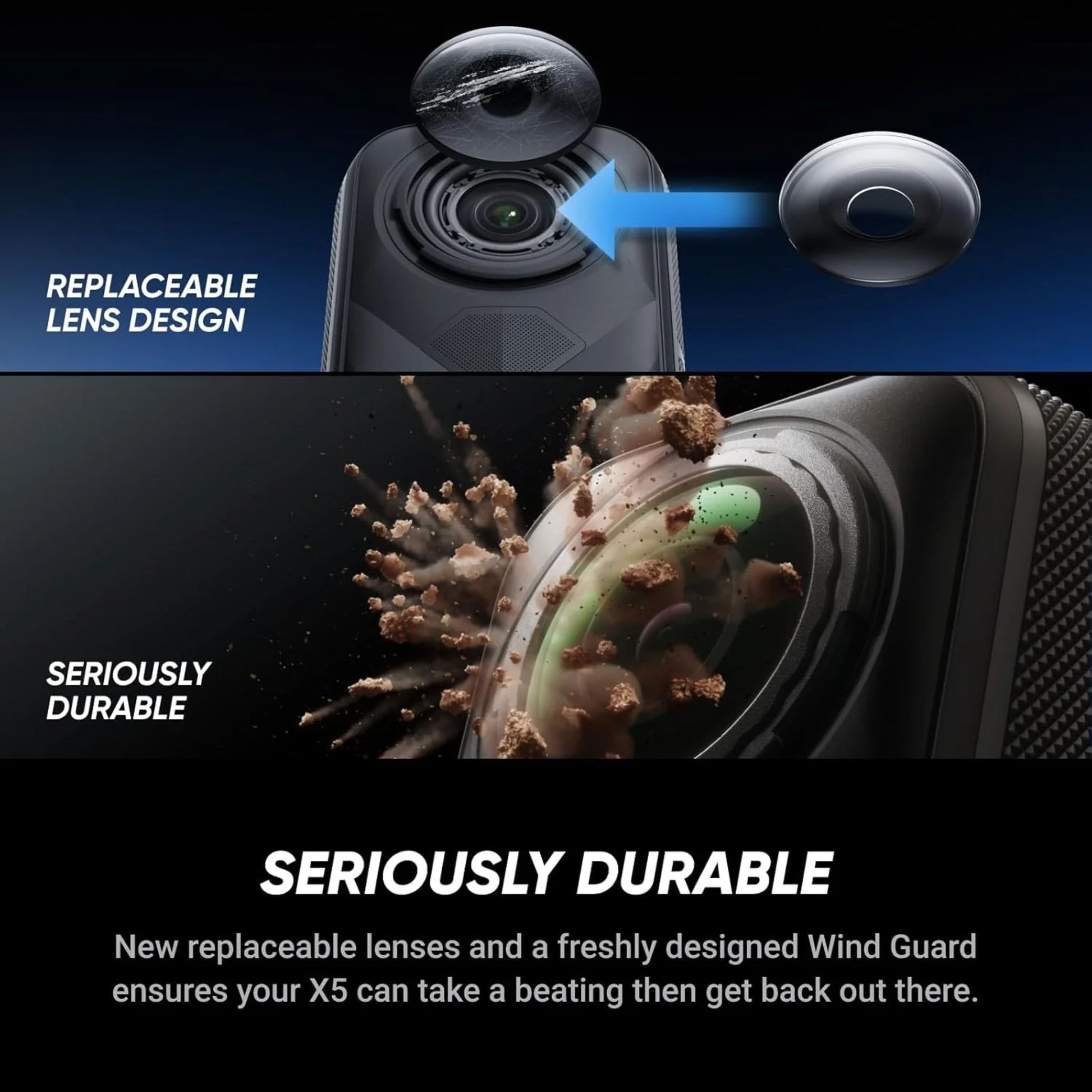 Insta360 X5 Essentials-pakke actionkamera med 360° video, udskiftbar linse, FlowState-stabilisering, robust design.