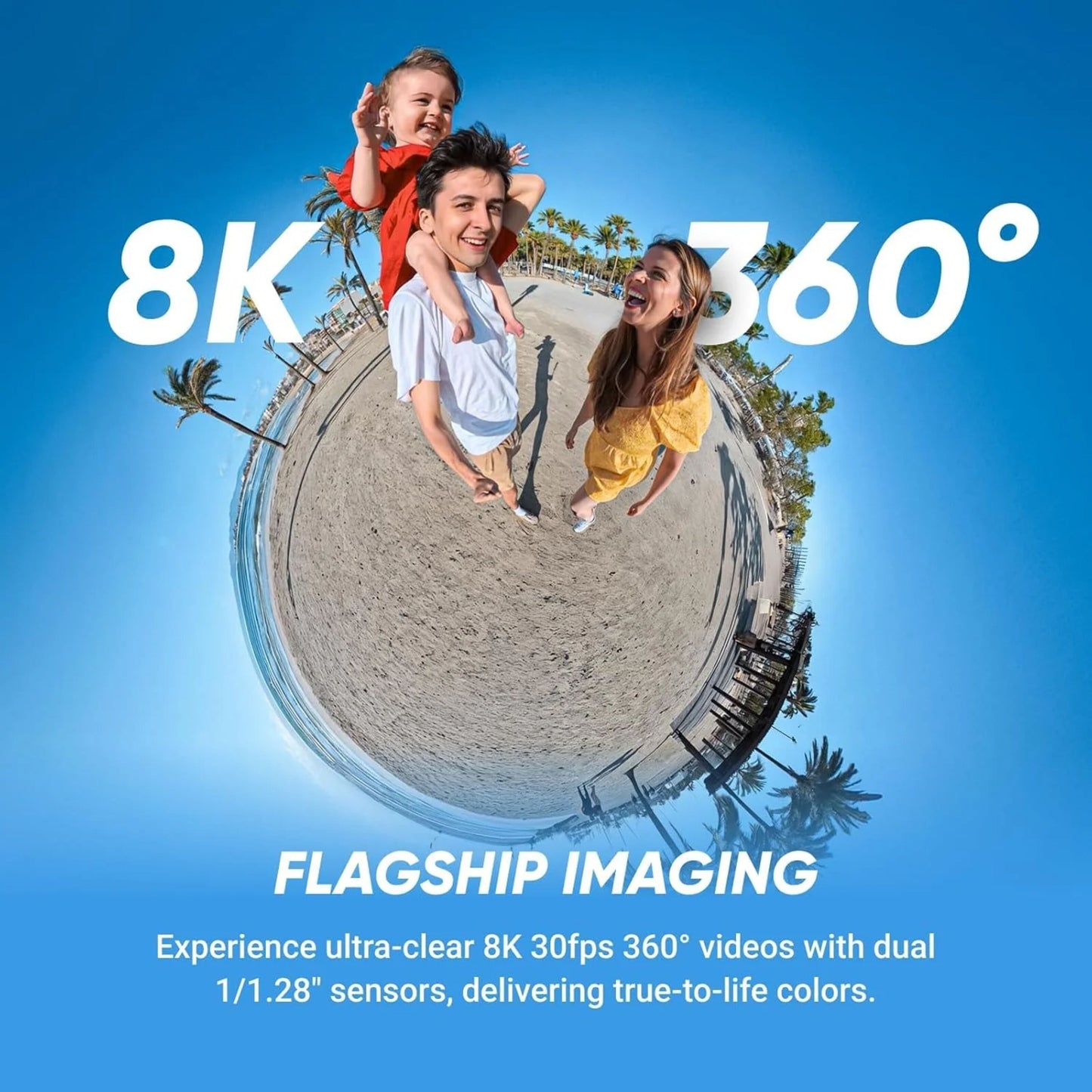 Insta360 X5 Essentials-pakke 8K 360° video FlowState-stabilisering logo synlig strandbaggrund familie vises.
