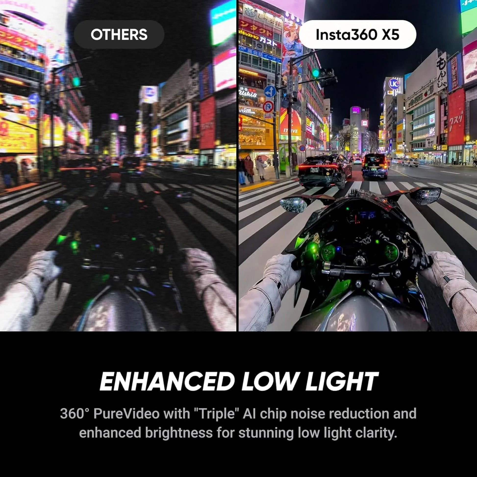 Insta360 X5 Essentials-pakke FlowState-stabilisering, natbillede fra motorcykel, halvt uklart/klart til lav belysning.