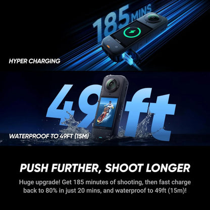 Insta360 X5 Essentials actionkamera, 185 min hurtig opladning, batterikon, vandtæt til 15m, 8K 360°-video.