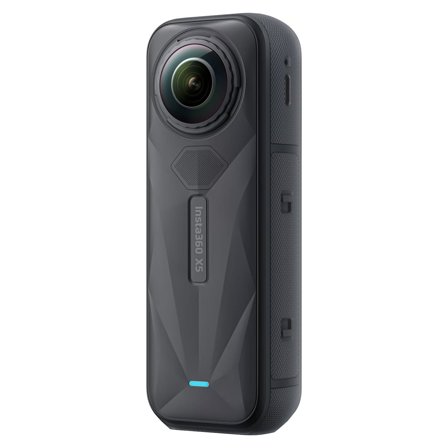 Insta360 X5 Essentials 360° actionkamera, sort, stor linse, tekstureret greb, blå indikatorlys, Insta360 logo.